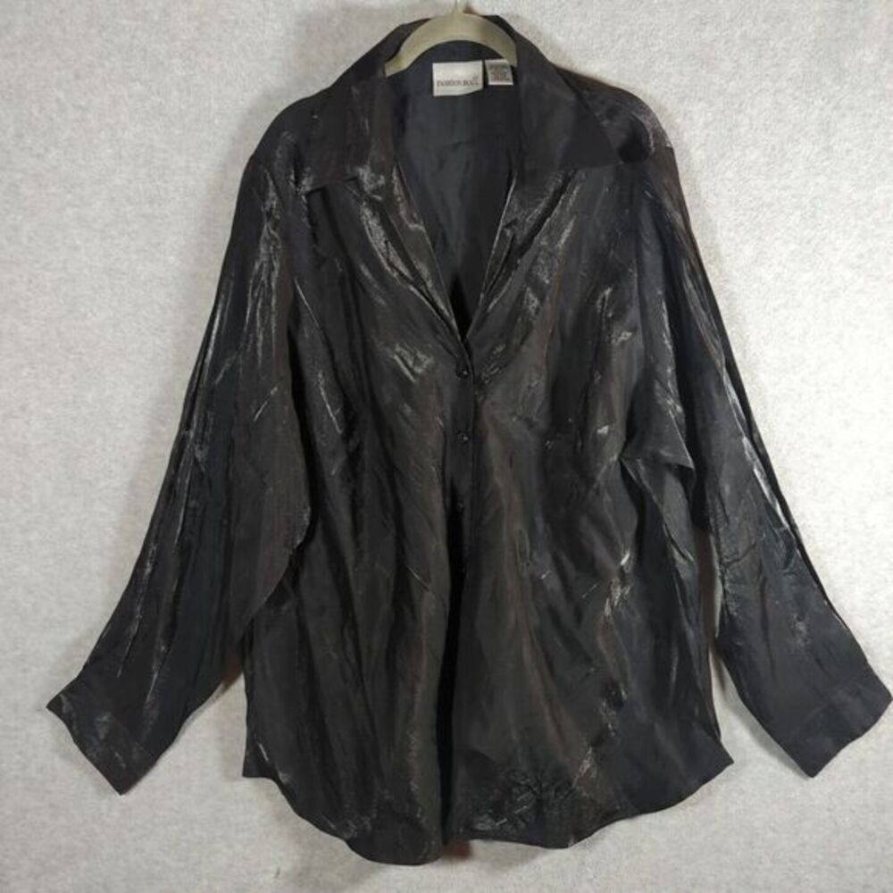 Fashion Bug Y2K Shirt Women 22/24 Shiny Metallic Black Top Collar 90s Vtg V Neck